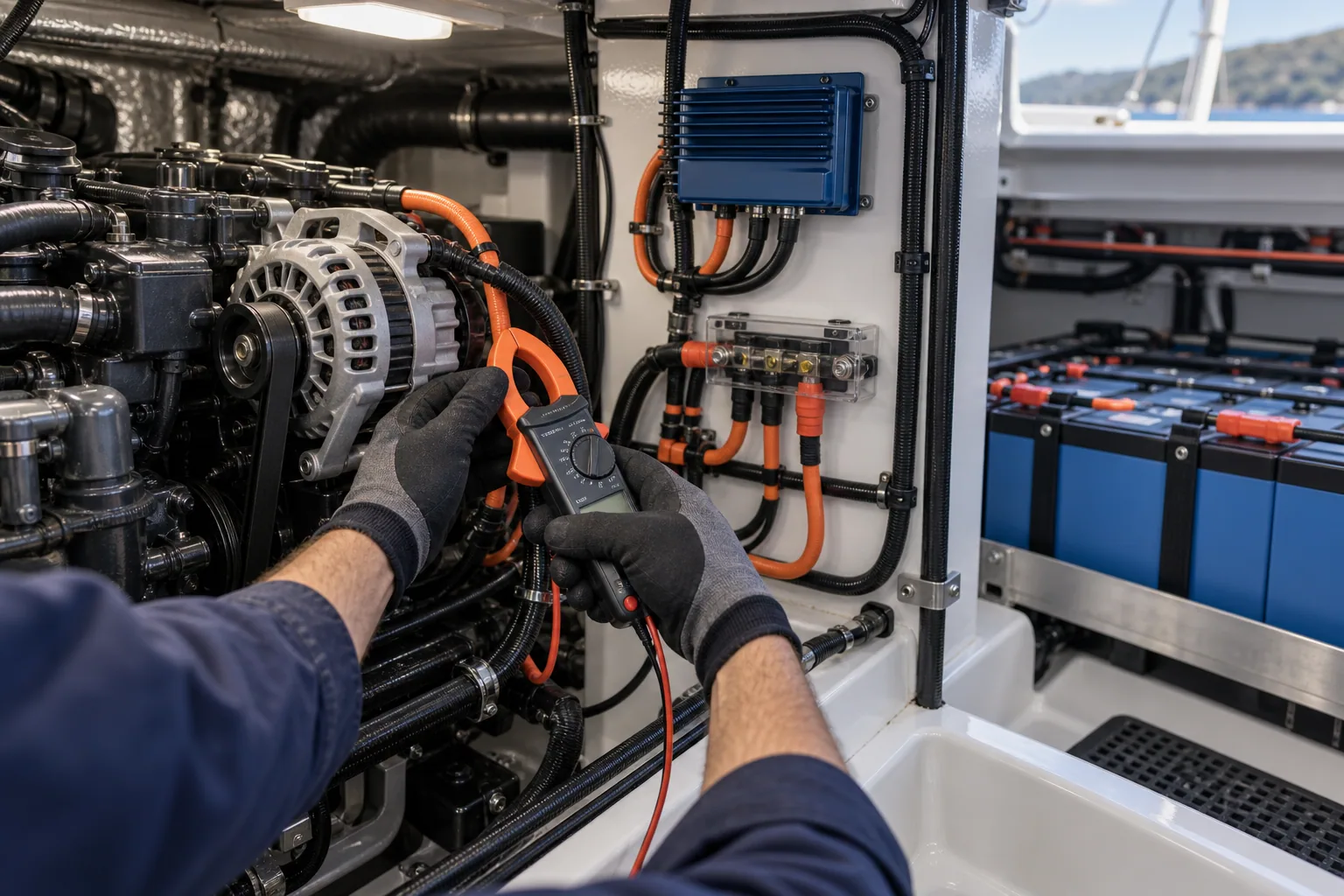Marine electrician measuring an alternator charging system beside a protected lithium house bank