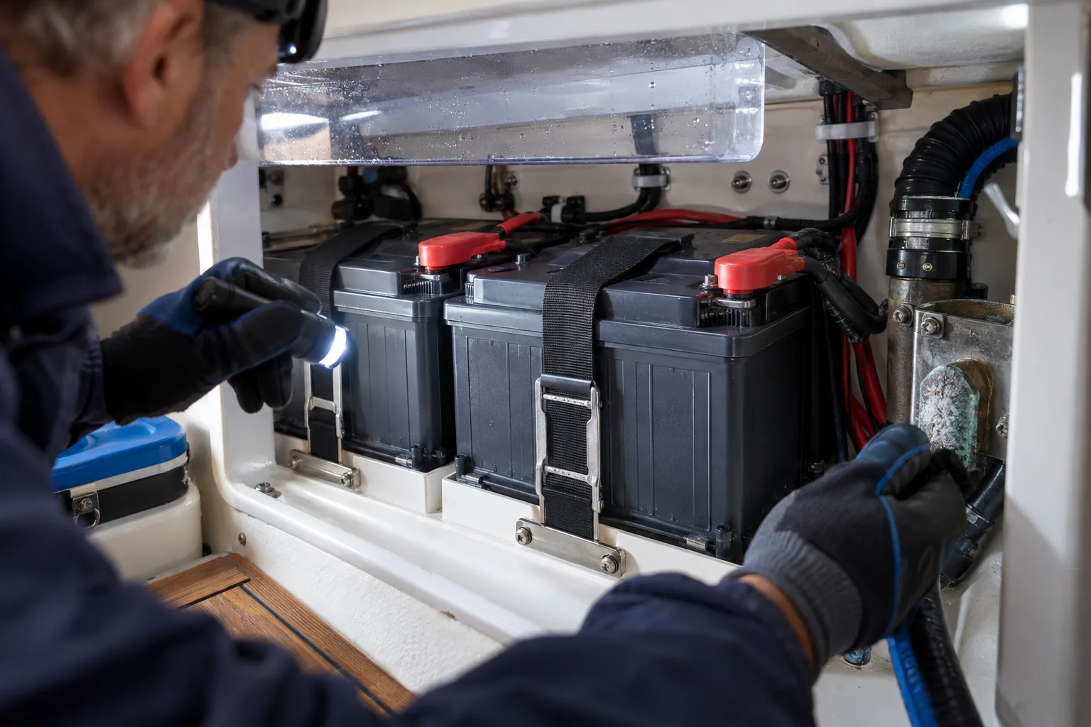 Protected and restrained yacht battery bank being inspected for moisture and corrosion