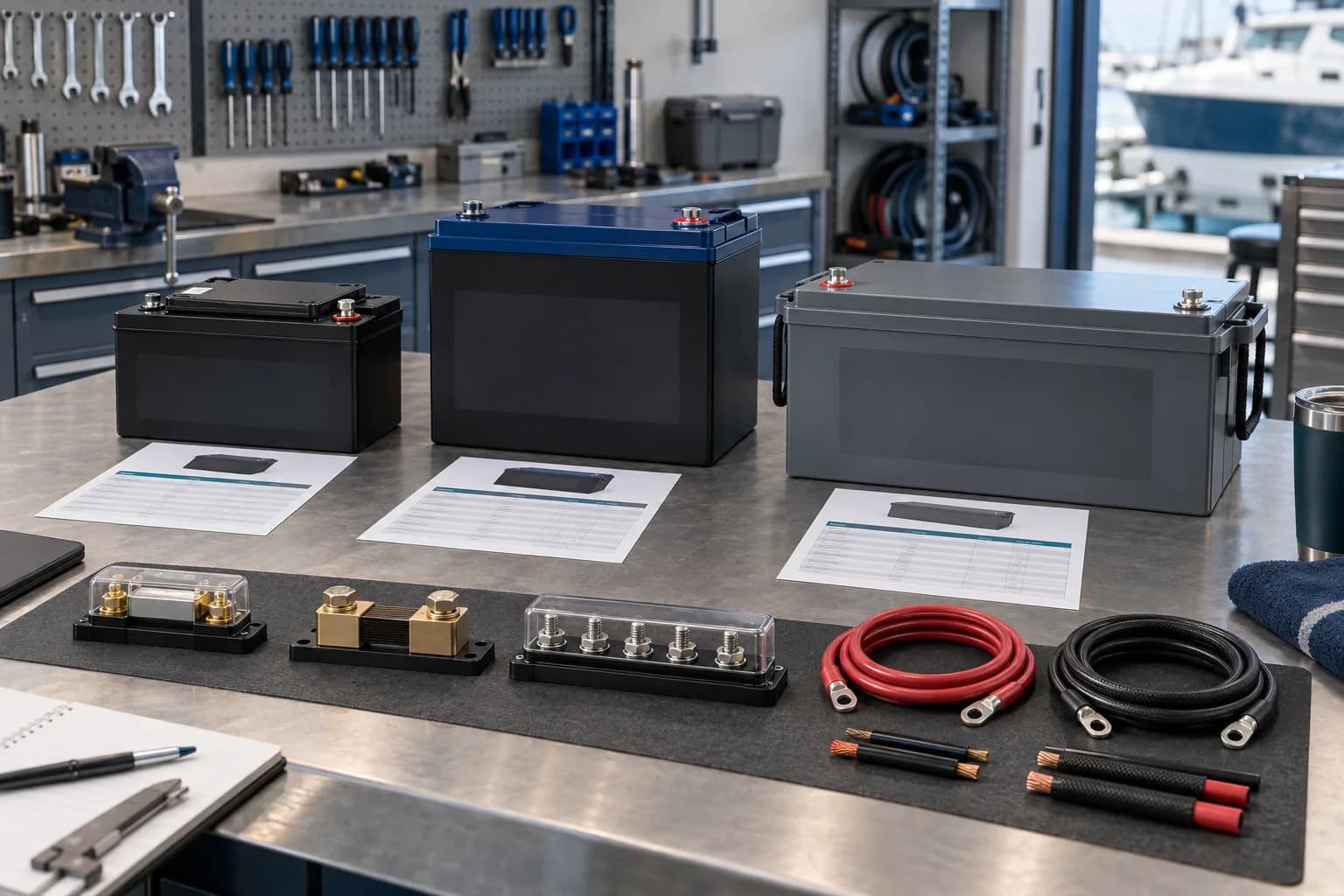 Three unbranded lithium battery formats with marine protection, monitoring and cable components on a workshop bench