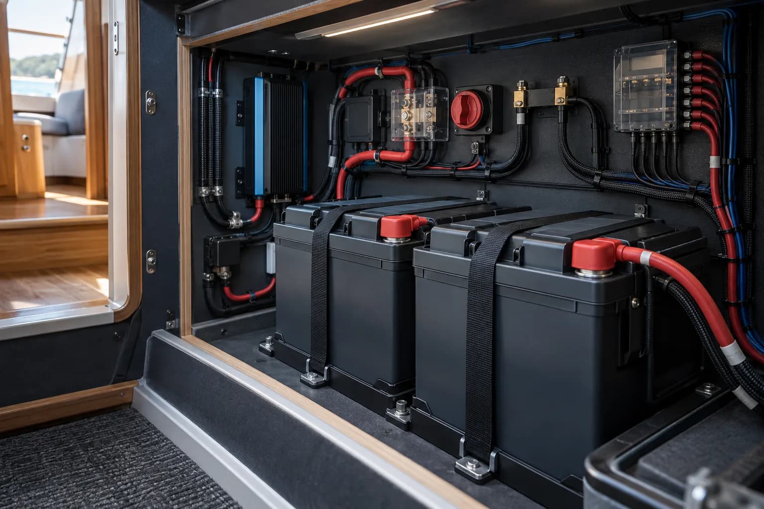 Secured lithium house batteries and protected marine electrical equipment in a yacht compartment