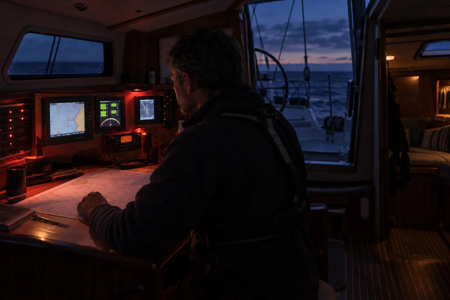 Offshore yacht navigation station operating on essential electrical services at dusk