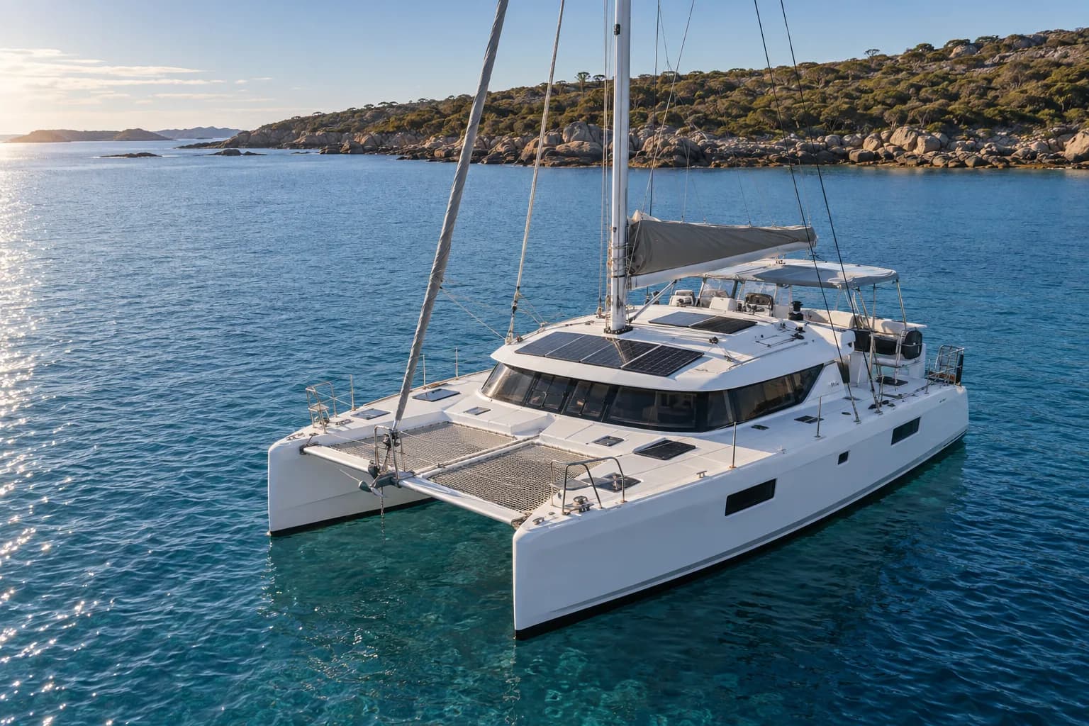 Cruising catamaran with a large rooftop solar array anchored in Australian coastal water